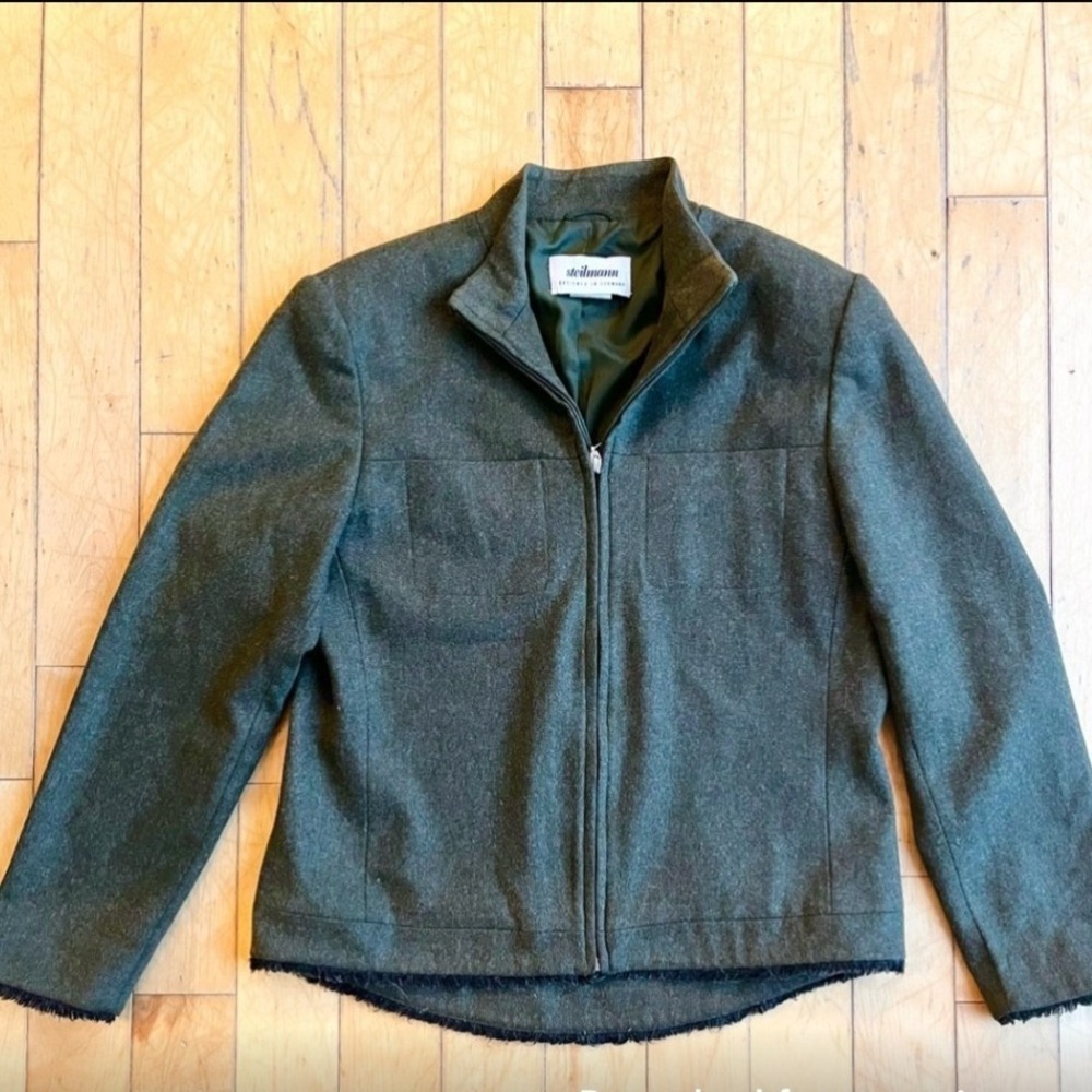Steilmann Forest Green Virgin Wool Blend Full Zip Jacket Fringed Hem‎ Womens 10